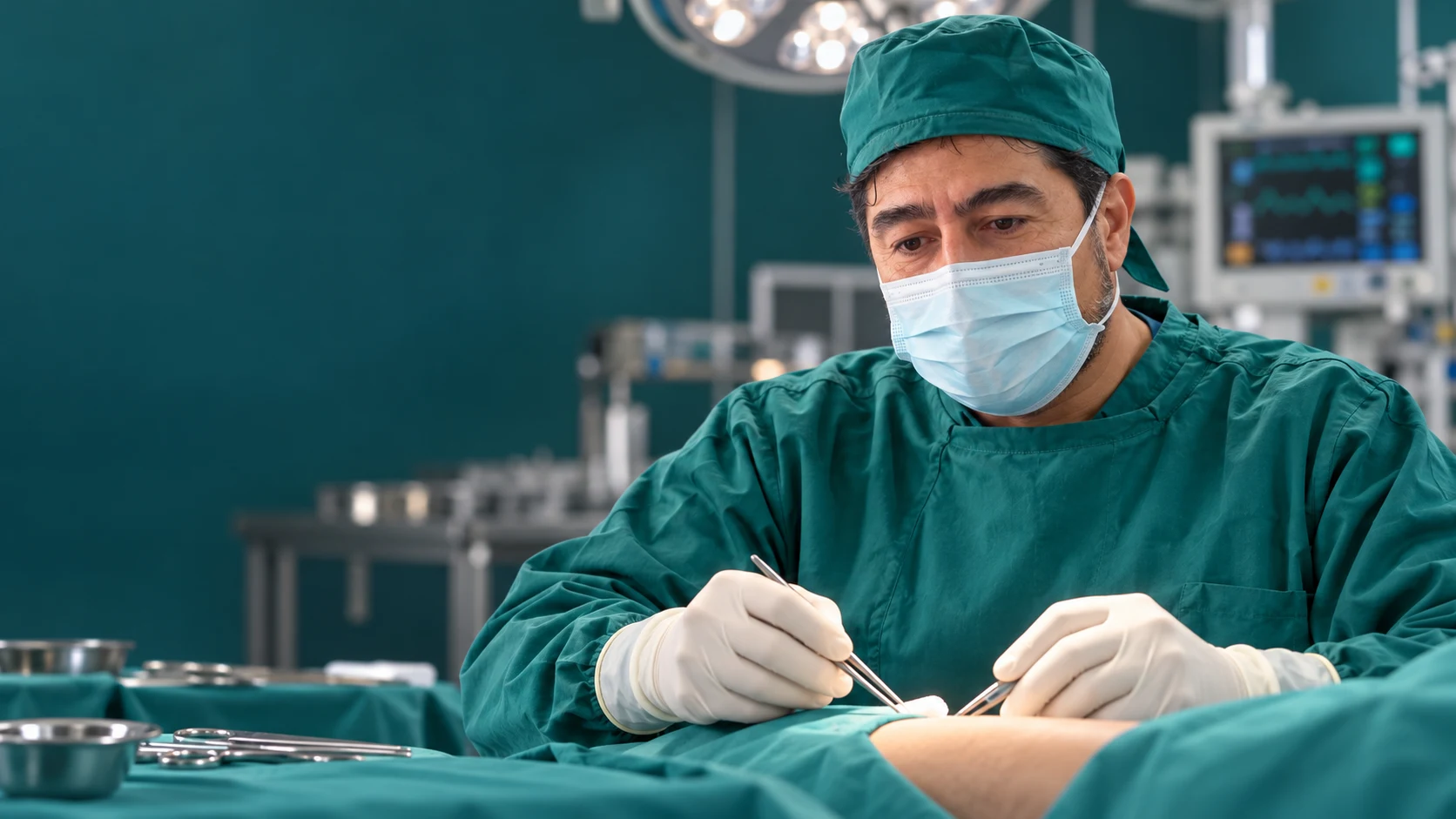 AI-created editorial scene: surgeon wearing sterile equipment during an illustrative procedure